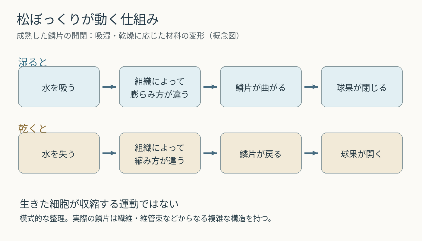 湿ると吸水と膨潤差で閉じ、乾くと収縮差で開く松ぼっくりの仕組みを示す概念図